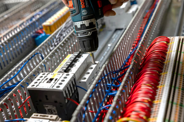 Bosch-Mitarbeiter verdrahtet eine Schaltschrank-Montageplatte